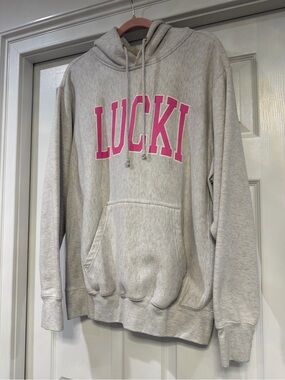 Women’s Light Gray Hoodie with Pink LUCKI Logo